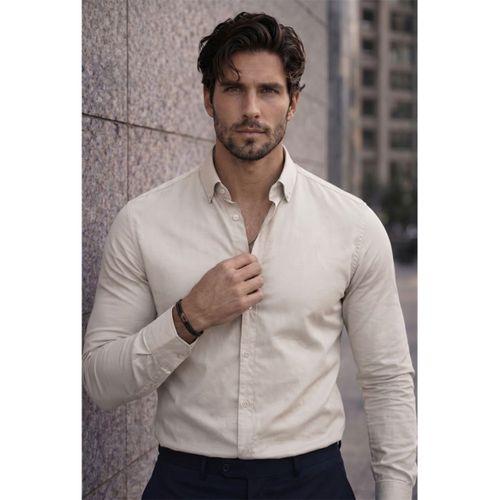 Likralı Regular Fit Nefes Alabilir Klasik Erkek Oxford Gömlek -Taş