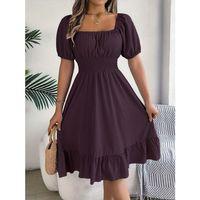 Kadın Kısa Kollu Kare Yakalı Beli Lastikli Kısa Trikoton Elbise