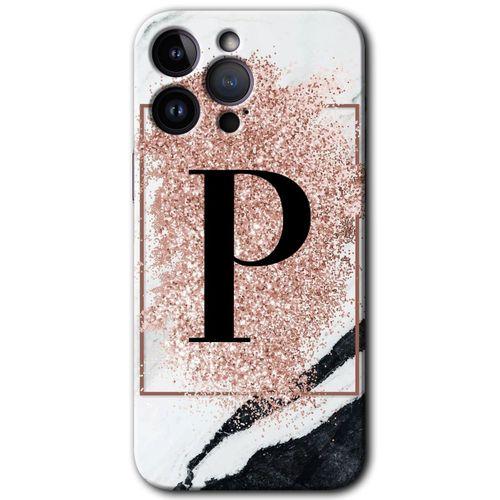 iPhone 14 Pro Max Kılıf HD Desen Baskılı Arka Kapak - Pembe Mermer Desenli P Harfi
