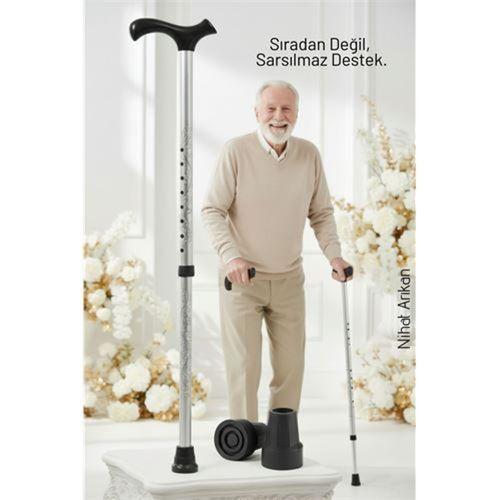 Yükseklik Ayarlanabilir GRİ  Metal Baston - 7 Kademe Ayarlı Ergonomik Denge Desteği + 2 Yedek Uç 716433