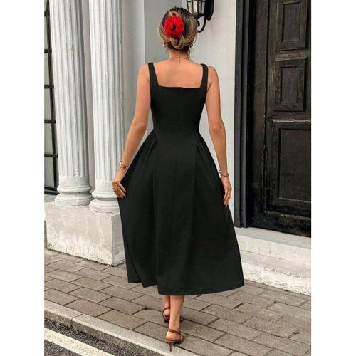 Kadın Askılı Kare Yakalı Uzun Ithal Krep Elbise