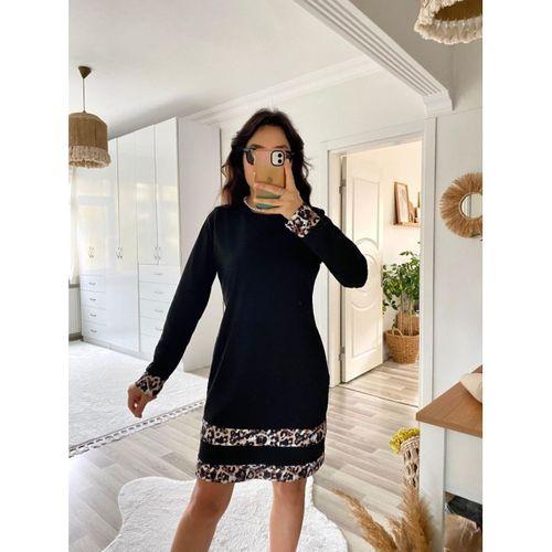 Kadın Uzun Kollu Bisiklet Yaka şerit Leopar Desenli Kısa Dalgıç Elbise
