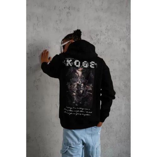 Unisex Sırt Baskılı Kapüşonlu Üç İplik Oversize Sweatshirt - Siyah