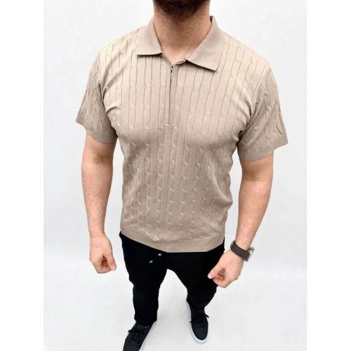 Erkek Yazlık Triko Saç Örgü Tişört Kısa Kol Polo Yaka Fermuarlı T-Shirt - Bej