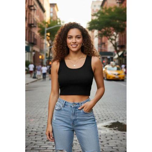 Kadın Siyah Modern Fit Kare Yaka Crop Top Bluz