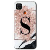 MRCİLETİSİM Xiaomi Redmi 9c Kılıf Baskılı Kapak - Pembe Mermer Desenli S Harfi + 5D Tam Kaplayan Cam