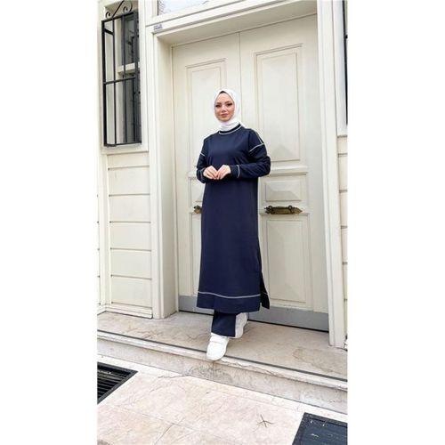 Bisiklet Yaka Dikiş Detaylı Uzun Sweat Pantolon İkili Tesettür Eşofman Takımı - 71174.015 - Lacivert