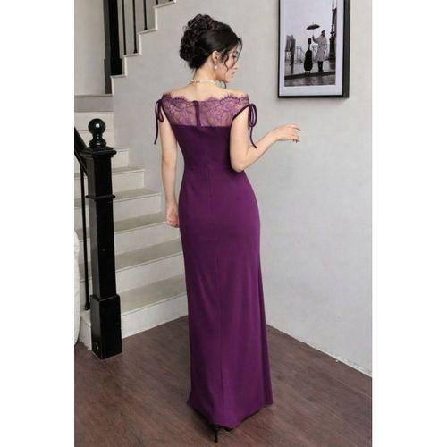 Kadın Göğüs Ve Yakası Dantel Detaylı Kayık Yaka Görünümlü Uzun Ithal Krep Elbise