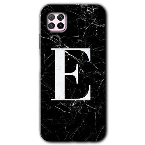 Potkal Hediye Fabrikası Huawei P40 Lite Kılıf HD Desen Baskılı Arka Kapak - Siyah Mermer Desenli E Harfi