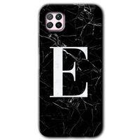 Potkal Hediye Fabrikası Huawei P40 Lite Kılıf HD Desen Baskılı Arka Kapak - Siyah Mermer Desenli E Harfi
