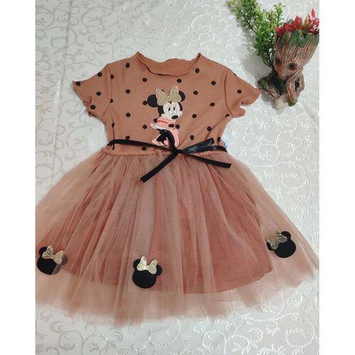2-3-4 Yaş Puantiyeli Mickey Baskılı Kurdela Kuşaklı Astarlı Kız Bebek Tütü Elbisesi Kahverengi