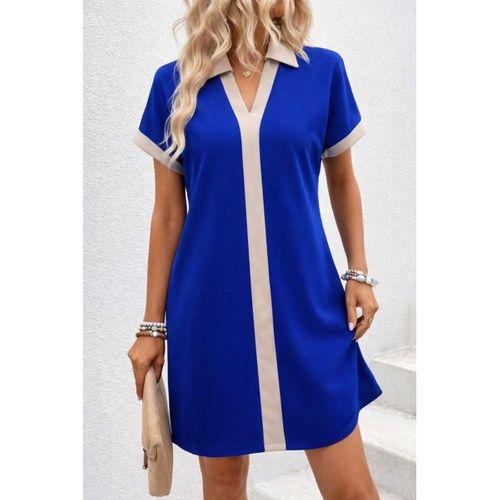 Kadın Kısa Kollu V Yakalı Onden şerit Detaylı Yakalı Kısa Janjan Krep Elbise