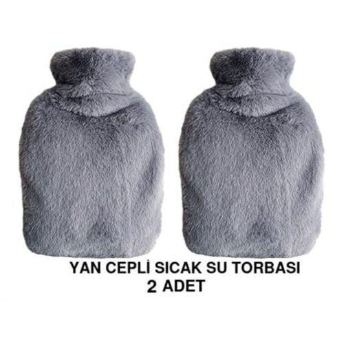 2 Adet Sıcak Su Torbası Yan Cepli Gri  Peluş Termofor 27X17X2Cm  1 Litre