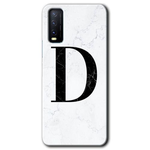 Vivo Y11s Kılıf HD Desen Baskılı Arka Kapak - Beyaz Mermer Desenli D Harfi + Kırılmaz Cam