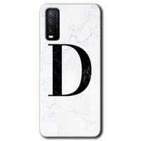 Vivo Y11s Kılıf HD Desen Baskılı Arka Kapak - Beyaz Mermer Desenli D Harfi + Kırılmaz Cam
