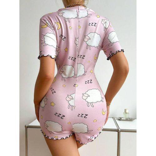 Pamuklu Pembe Kuzu Desenli Düğmeli Uzun Kol Tulum Pijama