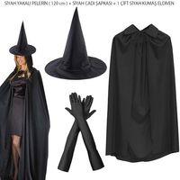 120 cm Siyah Yakalı Cadı Pelerini Cadı Şapkası ve 1 Çift Siyah Kumaş Eldiven Seti 3 Parça