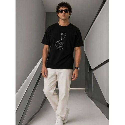 Erkek Minimal Gitar Baskılı Tişört T-Shirt Yazlık Kısa Kol Bisiklet Yaka T-Shirt - Siyah