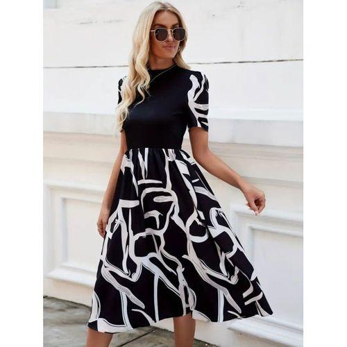 Kadın Kısa Kollu Yarı Balıkçı Yaka üst Viskon Alt Desenli Dokuma Midi Elbise