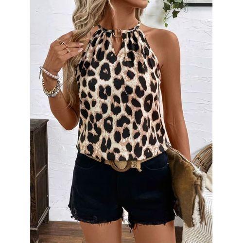Kadın Uzun Kollu Boyundan Halka Detaylı Leopar Süprem Bluz