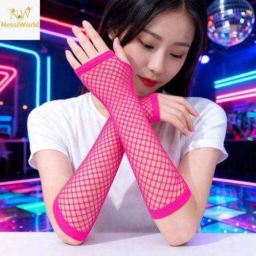 80’ler 90’lar Retro Neon Fuşya Şeker Pembesi File Parmaksız Eldiven 26 cm