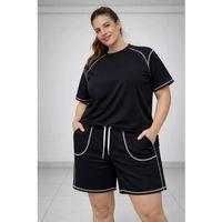 Battal Beden Kısa Kollu Tişört Şort Takım Kontrast Dikiş Detaylı Günlük Ev Giyimi - Siyah