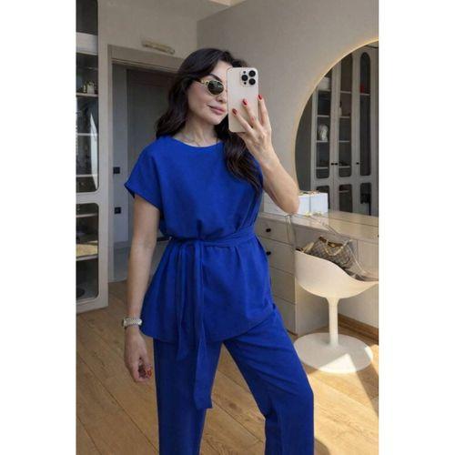 Kadın Omuz Detay Kuşak Dahil Bluz Ve Pantolon Keten Kumaş Ikili Takım