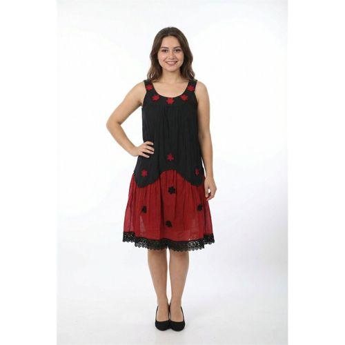 Kolsuz Papatya Yuvarlak Yaka Dantel Detaylı Yazlık Vual Kısa Elbise Siyah/Bordo Syh/Brd