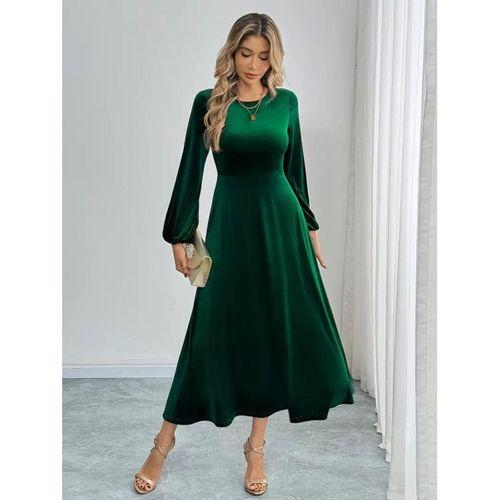 Kadın Uzun Kollu Bisiklet Yaka Midi Kadife Elbise