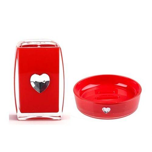 2 Li Banyo Seti,Kırmızı Kalpli Akrilik