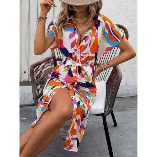 Kadın Kısa Kollu Yakalı önü Düğmeli önden Drapeli Desenli Süprem Elbise