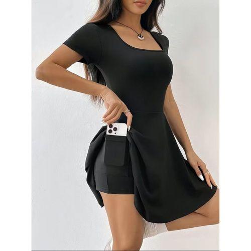 Kadın Kısa Kollu Kare Yakalı Cep Detaylı Dalgıç Elbise Tulum