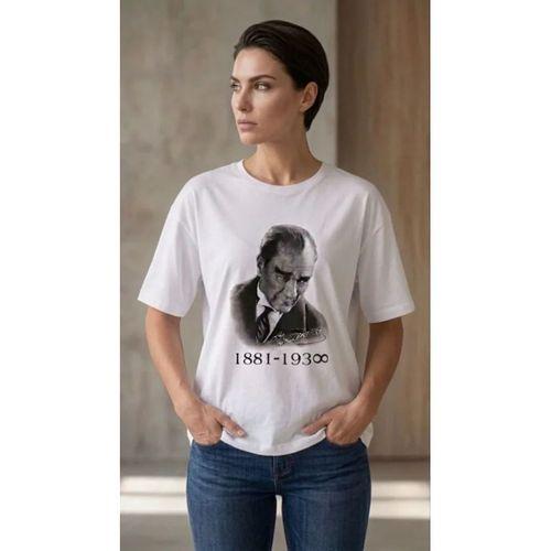 Atatürk Baskılı Tişört Kısa Kollu Bisiklet Yaka T-Shirt - Beyaz