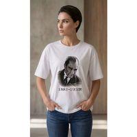 Atatürk Baskılı Tişört Kısa Kollu Bisiklet Yaka T-Shirt - Beyaz