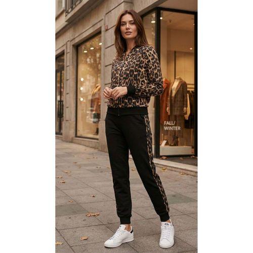 Kadın Uzun Kollu önden Fermuarlı Leopar Desen Detaylı Viskon Iki Iplik Kumaş Ikili Takım