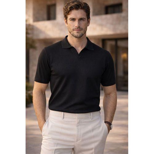 Dawson Polo V Yaka Düğmesiz Kısa Kollu İnce Triko Erkek T-Shirt - Siyah