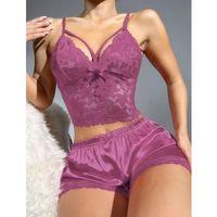 Dantelli Büstiyer İnce Askılı Lila Saten Şortlu Takım