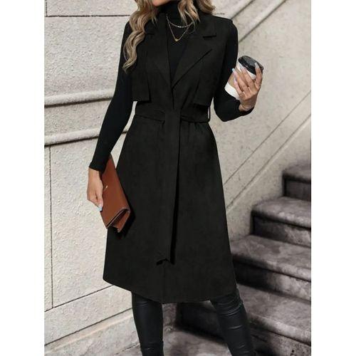 Kadın Kolsuz Yakalı önü Açık Belden Kuşaklı Süet Midi Yelek