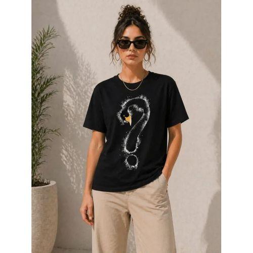 Kuğu Figürlü Soru İşareti Baskılı Tişört Kısa Kol T-Shirt - Siyah