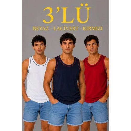 Erkek 3’lü Kolsuz Sporcu Atlet Seti Yazlık Bisiklet Yakalı - Lacivert, Kırmızı, Beyaz