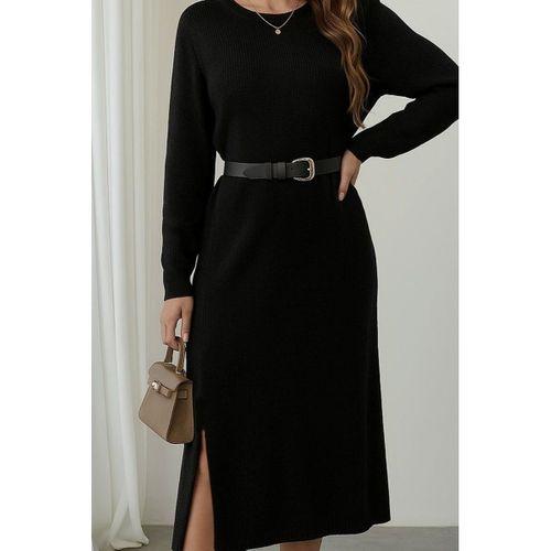 Kadın Uzun Kollu Bisiklet Yaka Yandan Yırtmaçlı Midi Triko Elbise