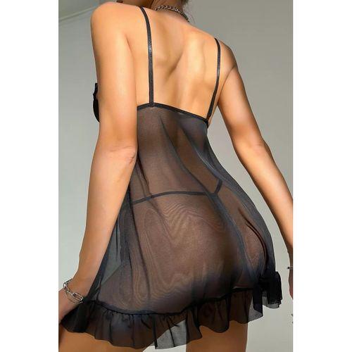 Kadın Siyah Dantelli, Fırfırlı Tül Ve Fiyonk Detaylı Tangalı Gecelik Takımı