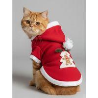 Yılbaşı Ağacı Kırmızı Polar Kedi Kıyafeti | Kapüşonlu Noel Kedi Sweatshirt | Küçük Irklar İçin