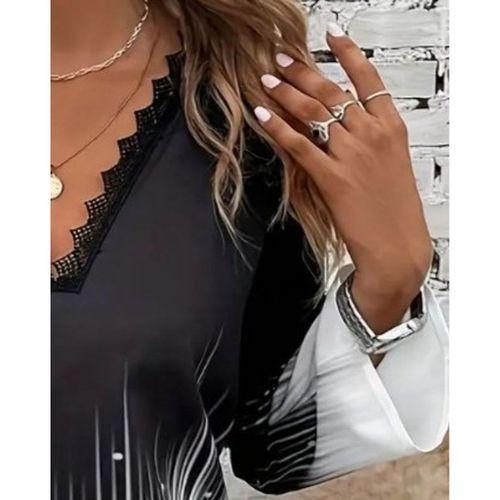 Kadın Uzun Kollu V Dantel Yaka Desenli Modal Bluz