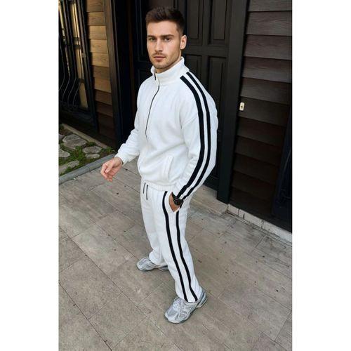 Erkek Çift Şeritli Eşofman Takım Dik Yaka Fermuarlı Sweatshirt Boru Paça Alt, Oversize 3 Iplik Pamuklu - Beyaz