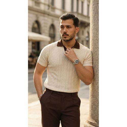 Erkek Desenli Kısa Kollu Triko Tişört - %100 Pamuk Akrilik