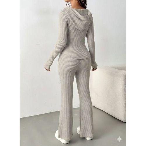 Kadın Uzun Kollu Kapşonlu önden Fermuarlı Kaşkorse Bluz Ve Pantolon Ikili Takım