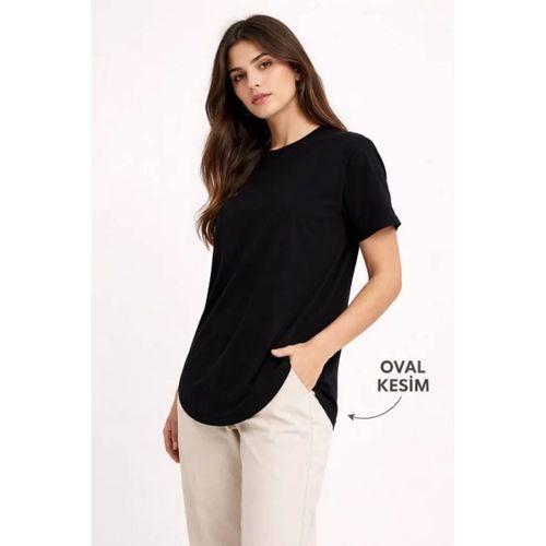Basic T-Shirt Kısa Kol Bisiklet Yaka Oval Kesim Tişört - Siyah
