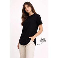 Basic T-Shirt Kısa Kol Bisiklet Yaka Oval Kesim Tişört - Siyah