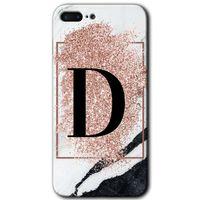 iPhone 8 Plus Kılıf HD Desen Baskılı Arka Kapak - Pembe Mermer Desenli D Harfi + Kırılmaz Cam